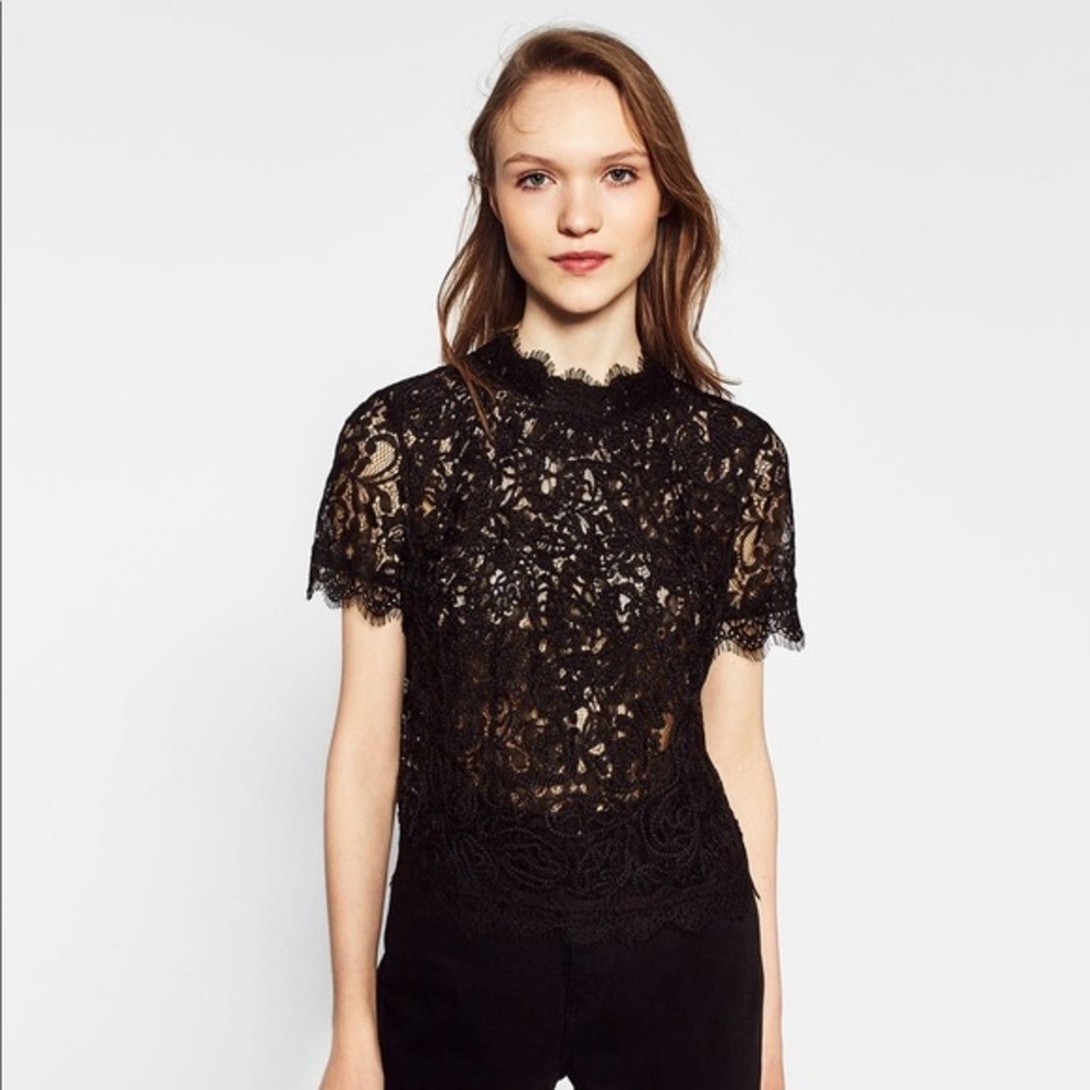 ZARA Embroidered Lace Short Sleeve Top Black Size M